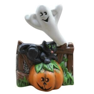 Halloween Ceramic Fence w/Ghost Black Cat & Pumpkin 4" Hand Painted